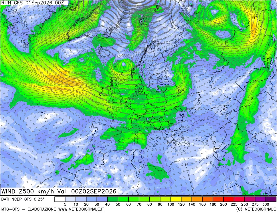 mappa 500 hPa Vento forza e direzione