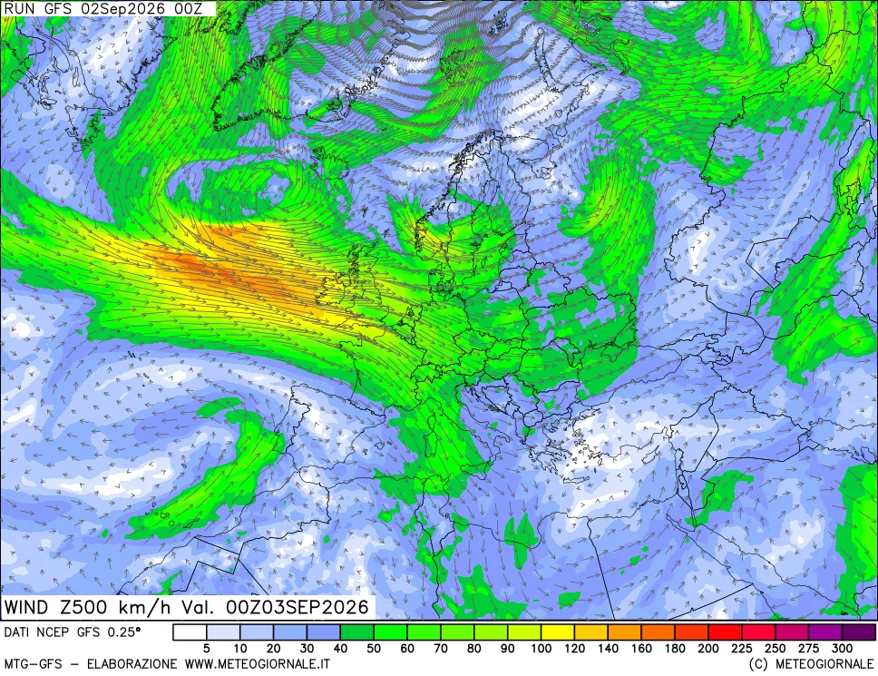 mappa 500 hPa Vento forza e direzione