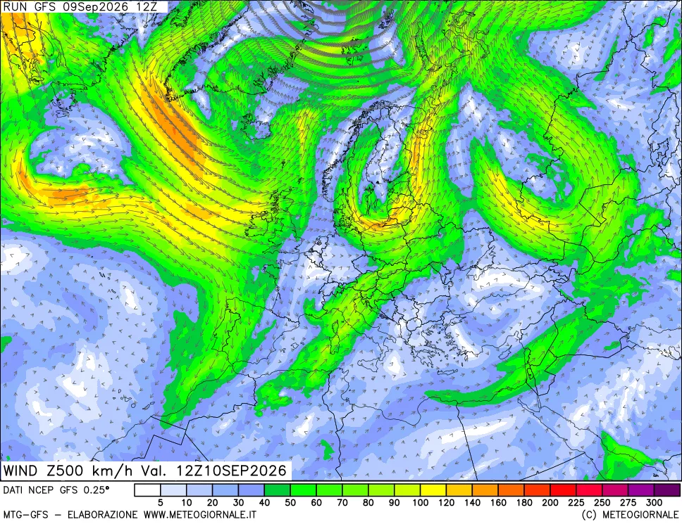mappa 500 hPa Vento forza e direzione
