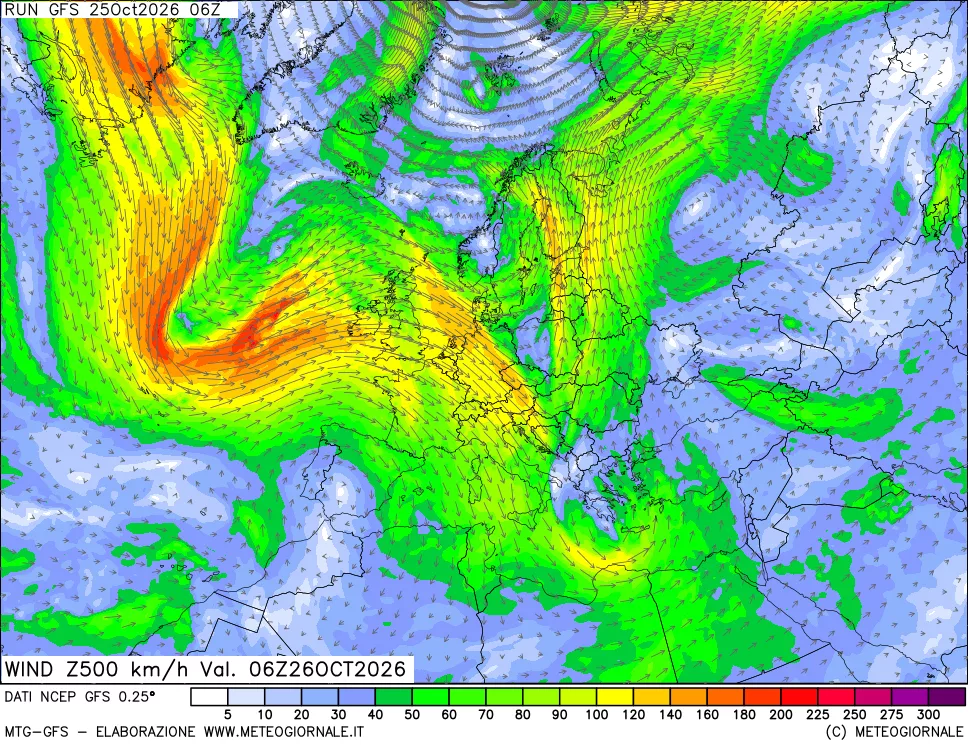 mappa 500 hPa Vento forza e direzione