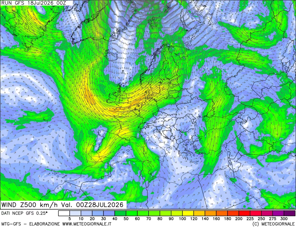 mappa 500 hPa Vento forza e direzione