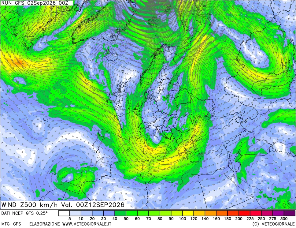 mappa 500 hPa Vento forza e direzione