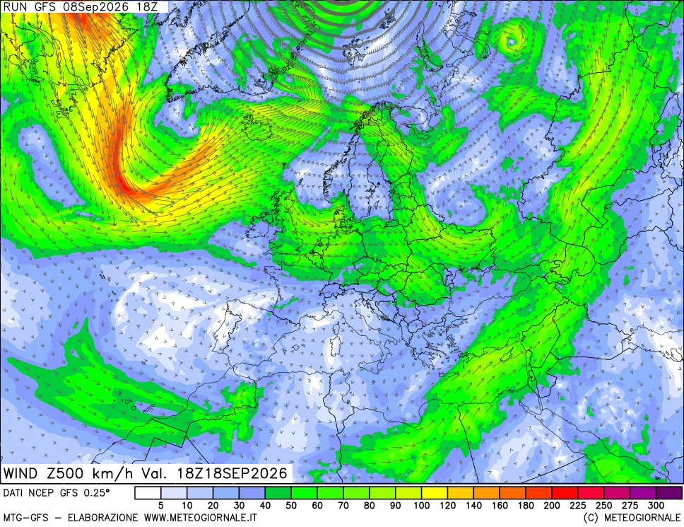 mappa 500 hPa Vento forza e direzione