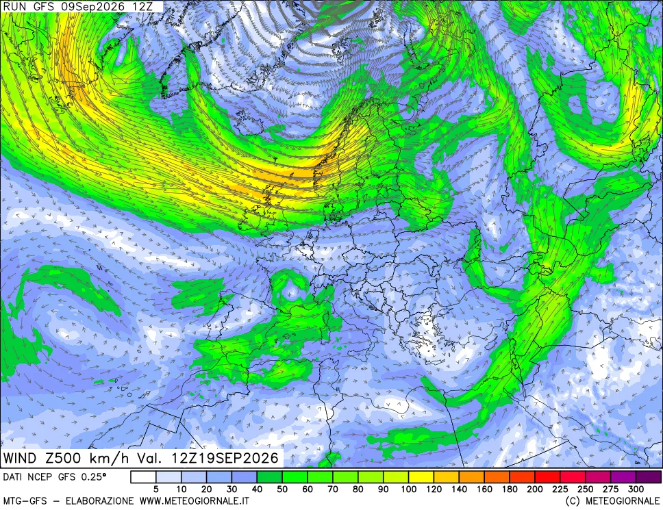 mappa 500 hPa Vento forza e direzione