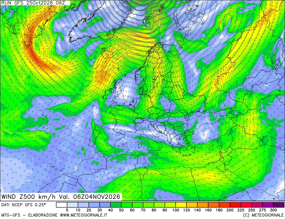 mappa 500 hPa Vento forza e direzione