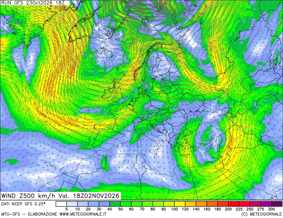 mappa 500 hPa Vento forza e direzione