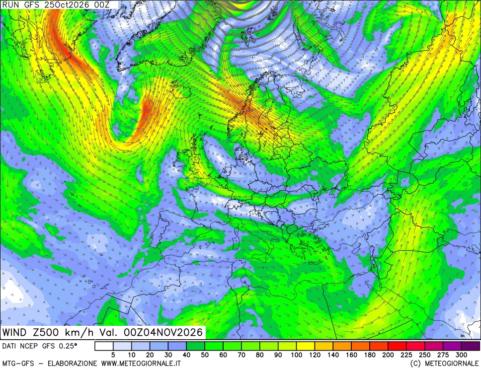 mappa 500 hPa Vento forza e direzione