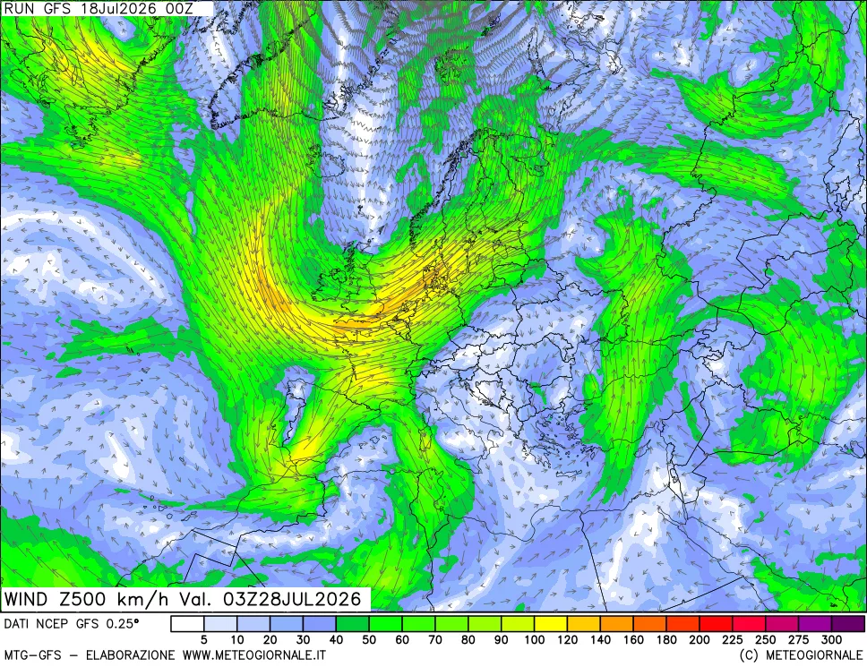 mappa 500 hPa Vento forza e direzione