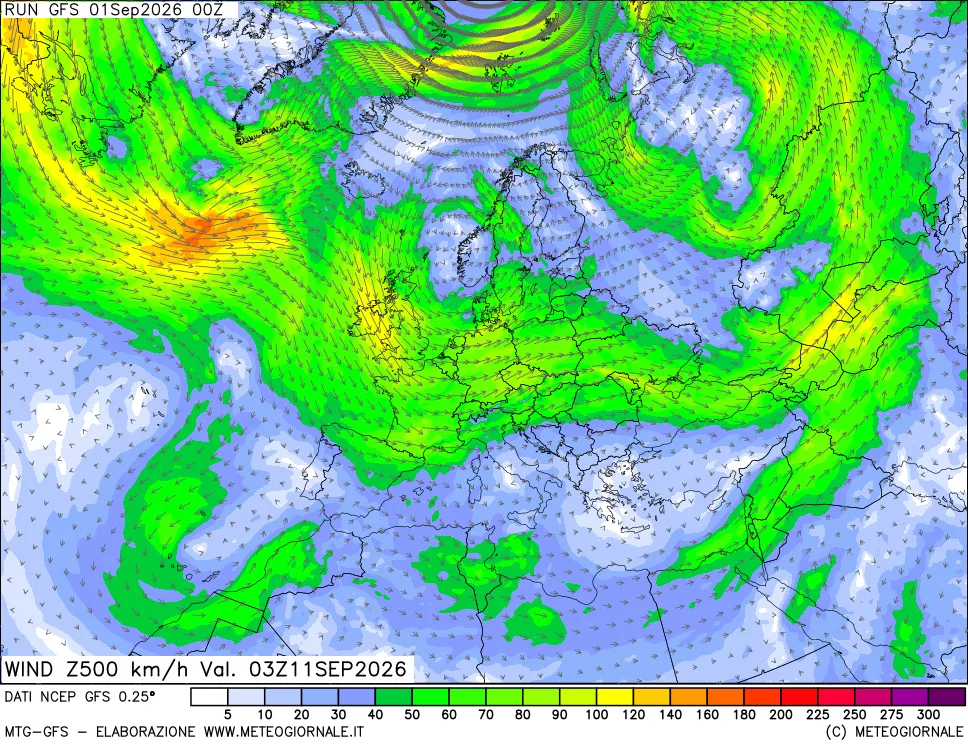 mappa 500 hPa Vento forza e direzione