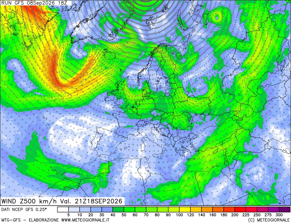 mappa 500 hPa Vento forza e direzione