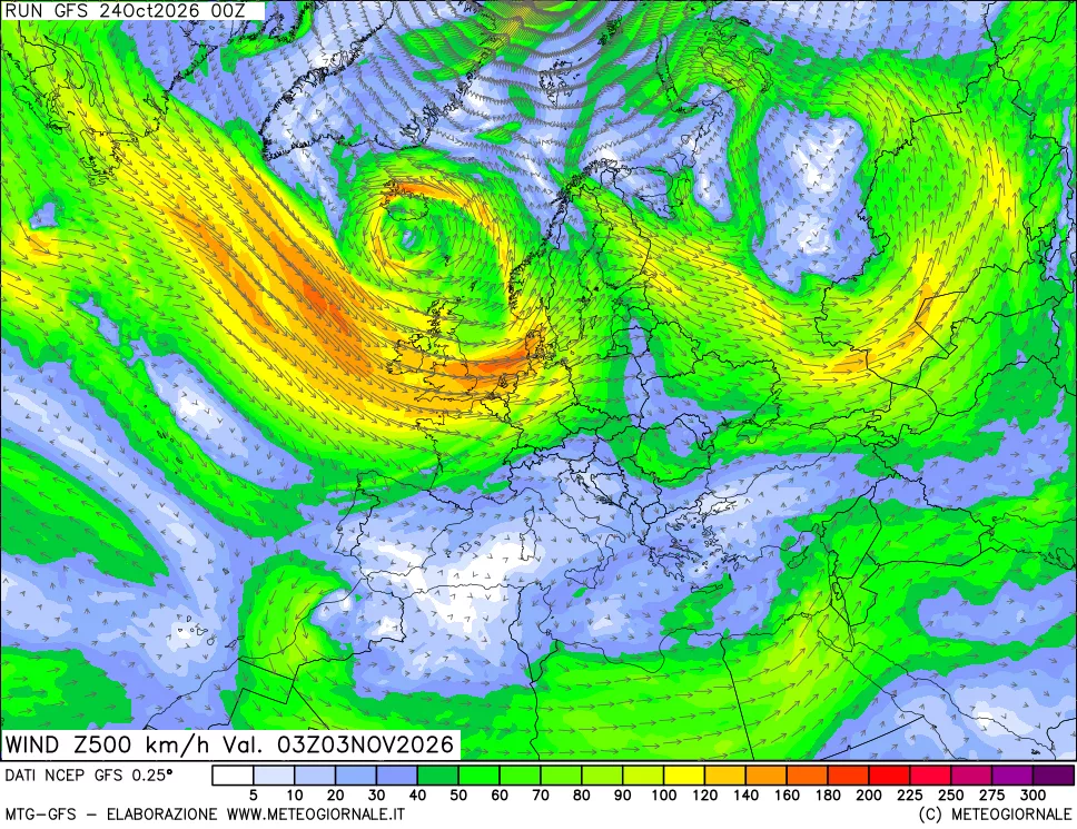 mappa 500 hPa Vento forza e direzione