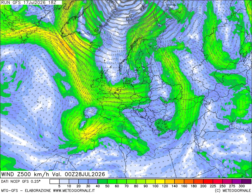 mappa 500 hPa Vento forza e direzione