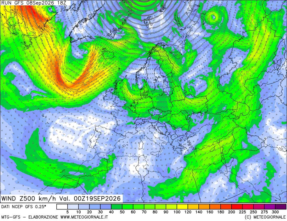 mappa 500 hPa Vento forza e direzione