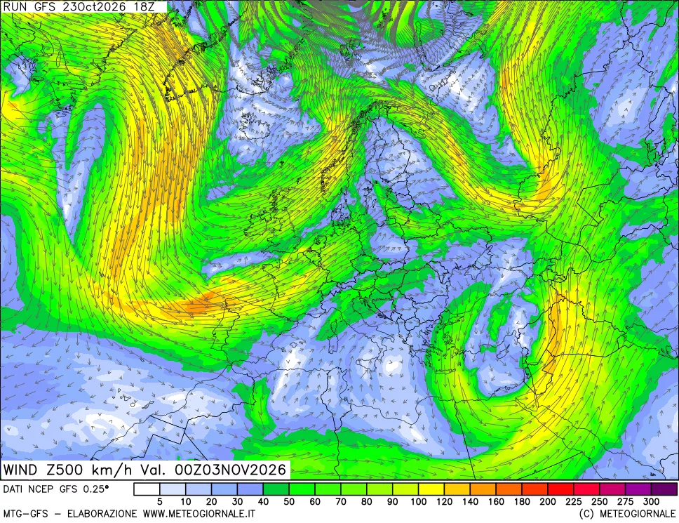 mappa 500 hPa Vento forza e direzione