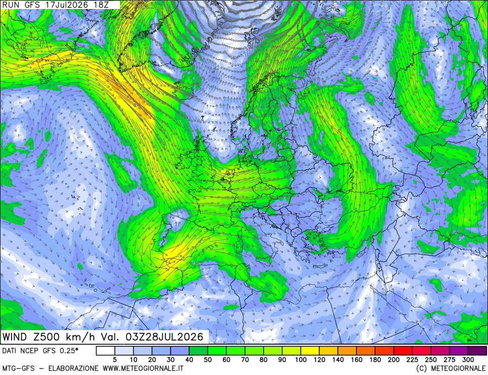 mappa 500 hPa Vento forza e direzione