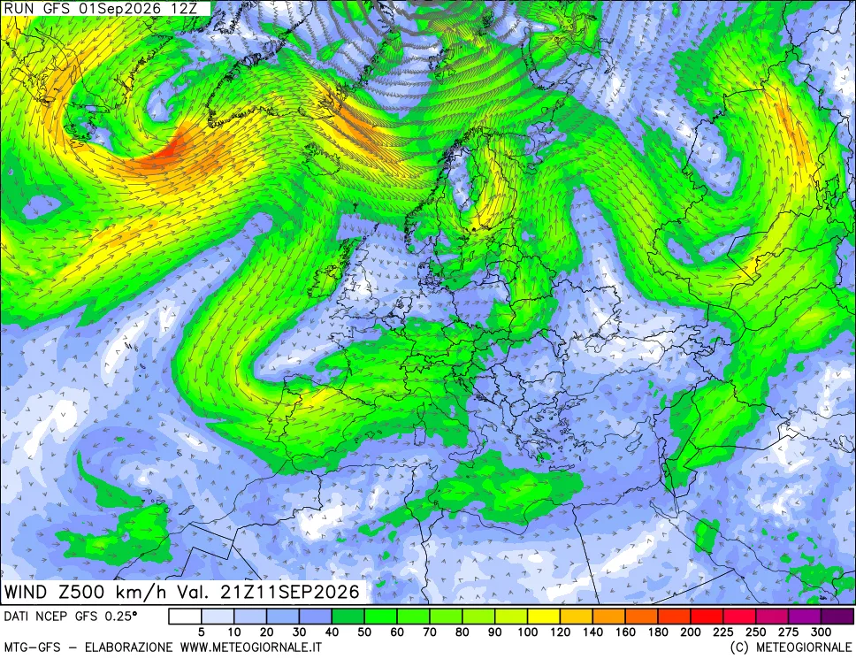 mappa 500 hPa Vento forza e direzione