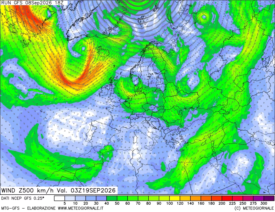 mappa 500 hPa Vento forza e direzione