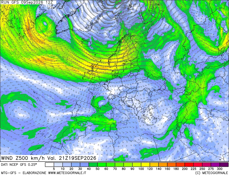 mappa 500 hPa Vento forza e direzione