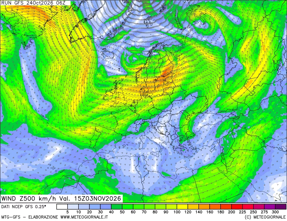 mappa 500 hPa Vento forza e direzione