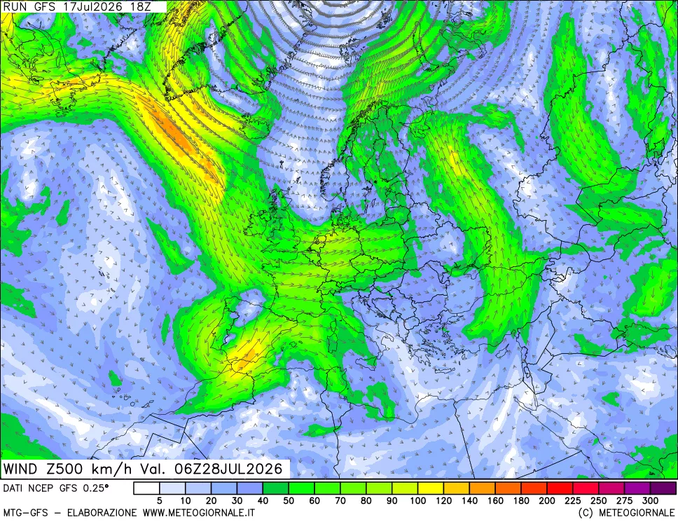 mappa 500 hPa Vento forza e direzione