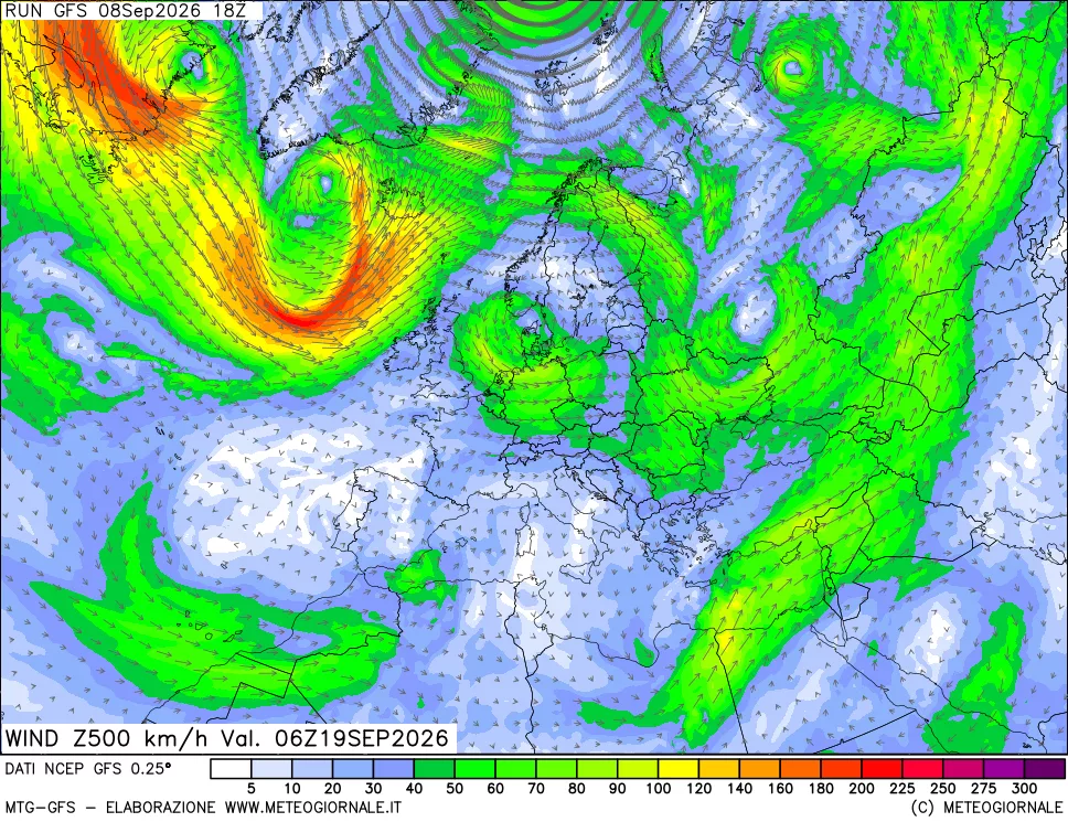 mappa 500 hPa Vento forza e direzione