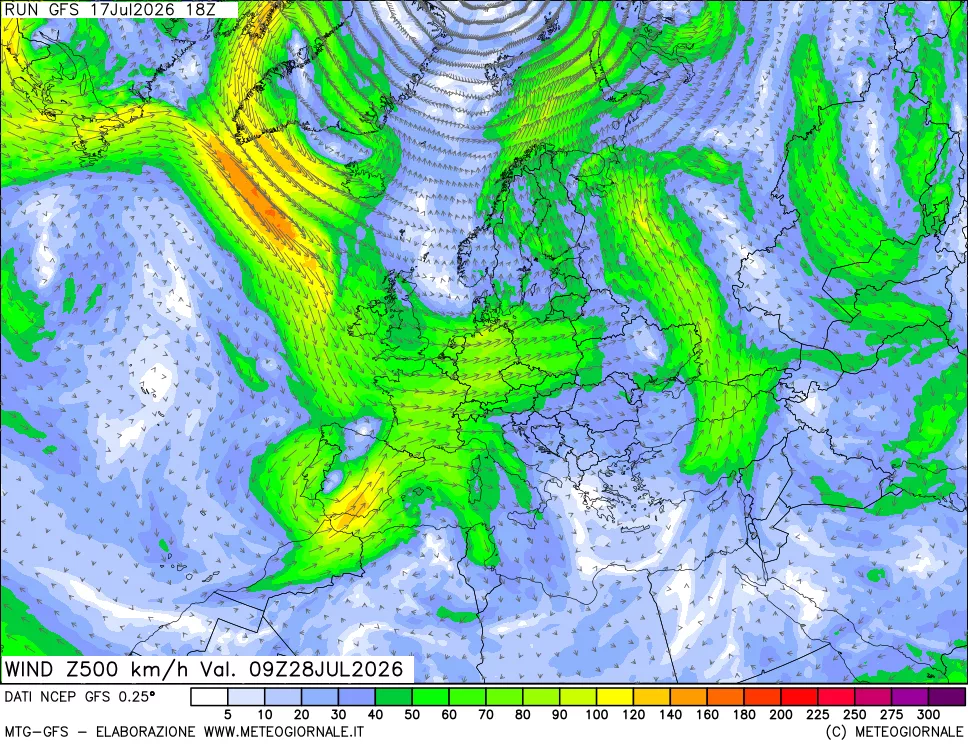 mappa 500 hPa Vento forza e direzione