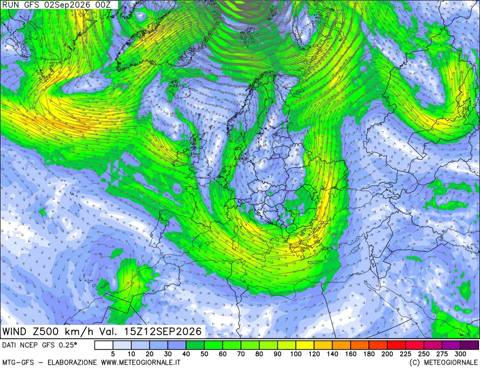 mappa 500 hPa Vento forza e direzione