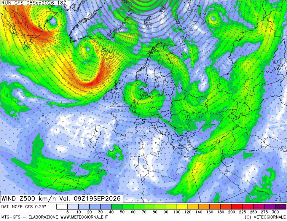 mappa 500 hPa Vento forza e direzione