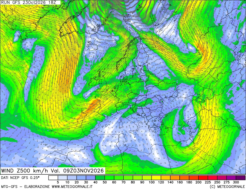 mappa 500 hPa Vento forza e direzione