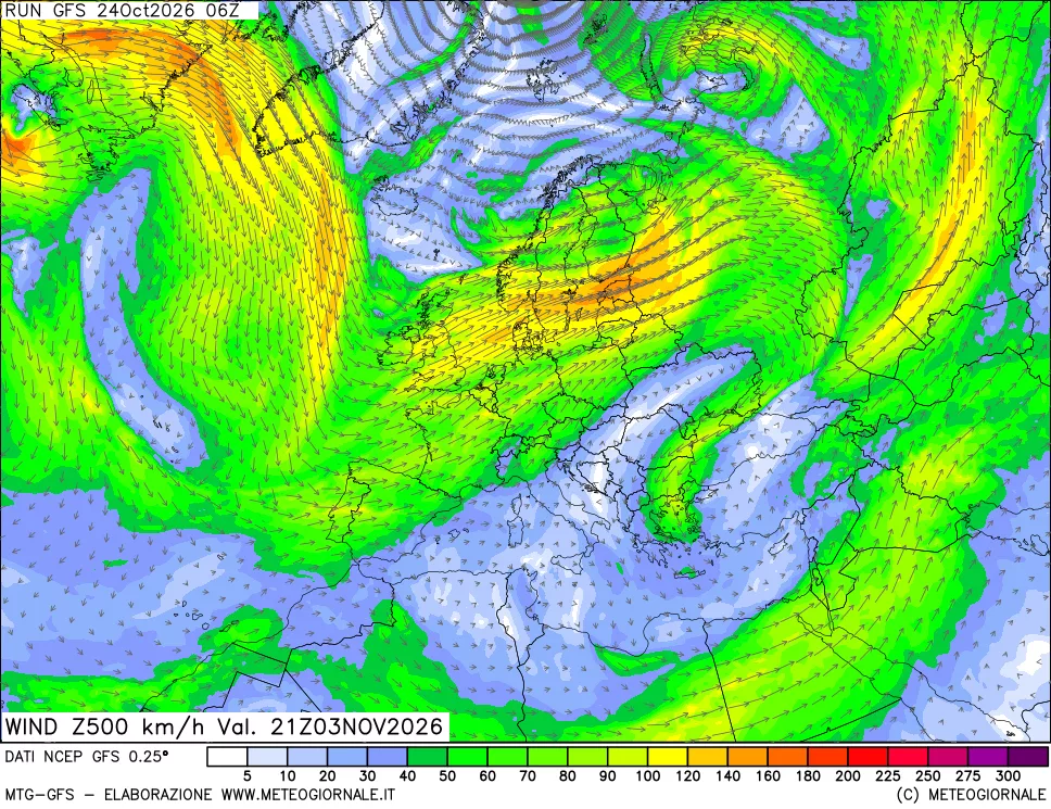 mappa 500 hPa Vento forza e direzione