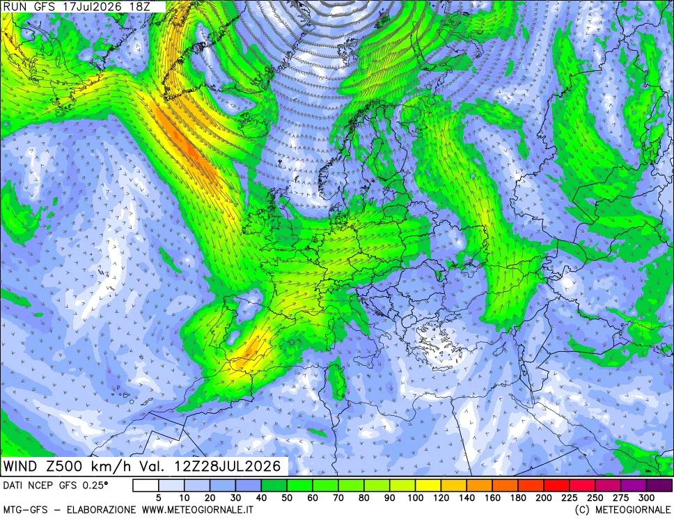mappa 500 hPa Vento forza e direzione