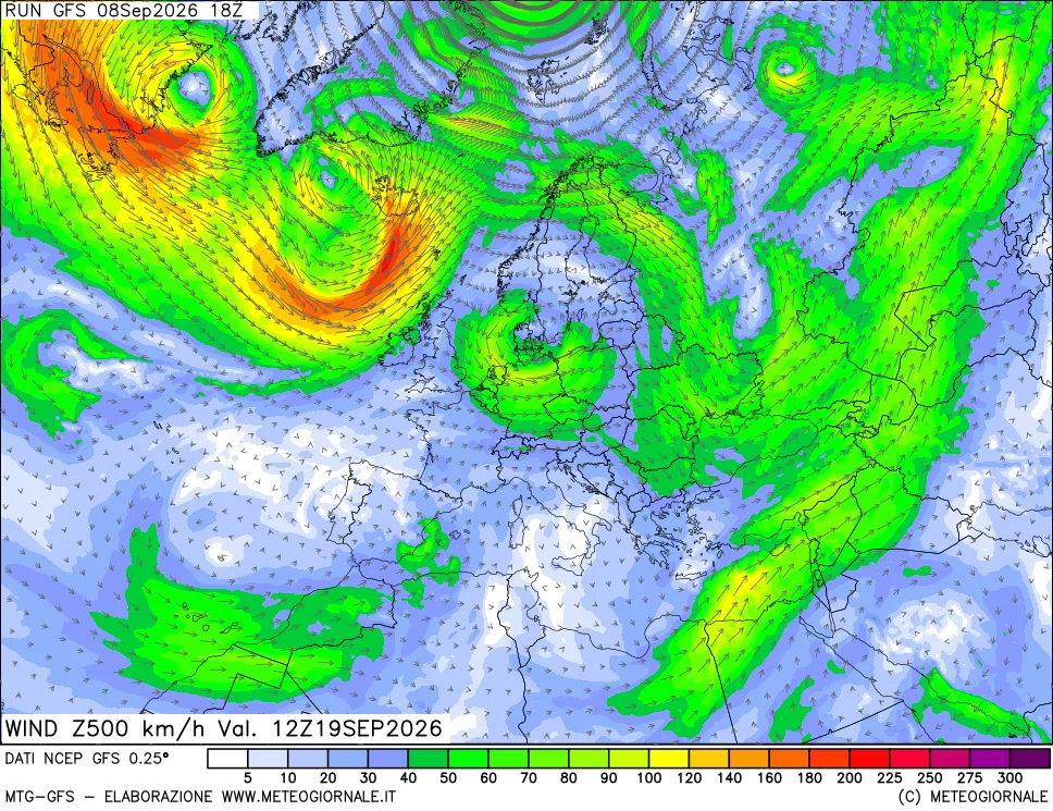 mappa 500 hPa Vento forza e direzione
