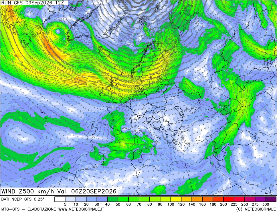 mappa 500 hPa Vento forza e direzione