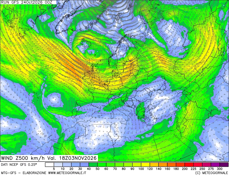 mappa 500 hPa Vento forza e direzione