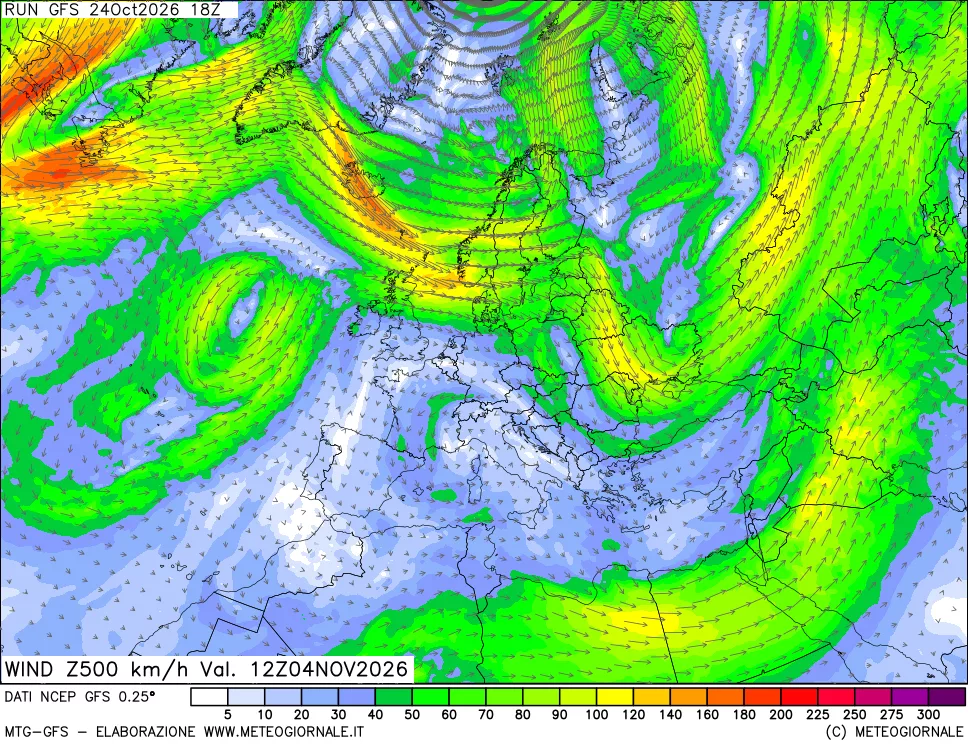 mappa 500 hPa Vento forza e direzione