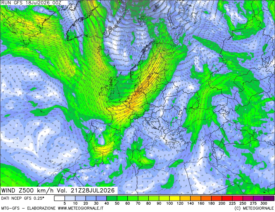 mappa 500 hPa Vento forza e direzione