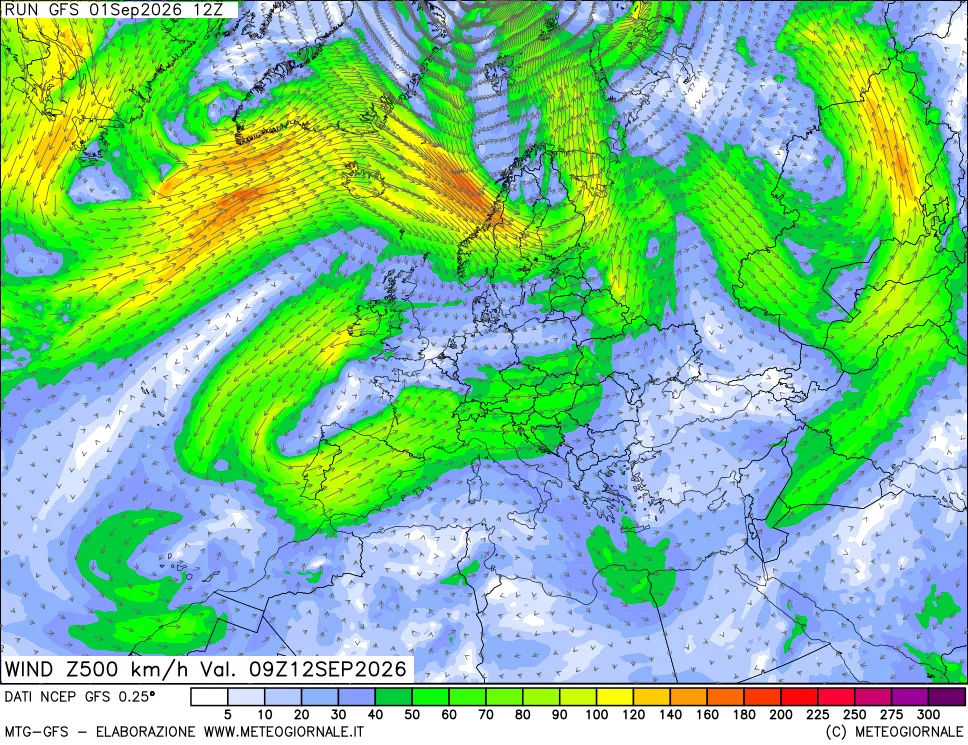 mappa 500 hPa Vento forza e direzione