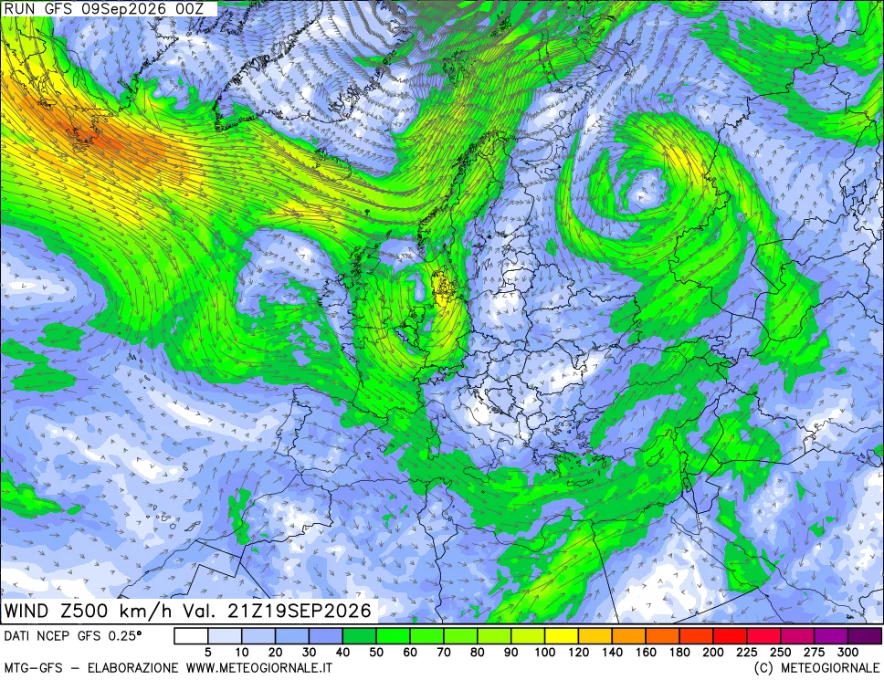 mappa 500 hPa Vento forza e direzione