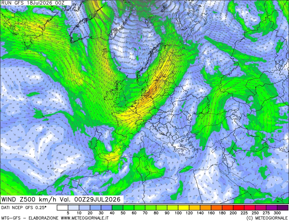 mappa 500 hPa Vento forza e direzione