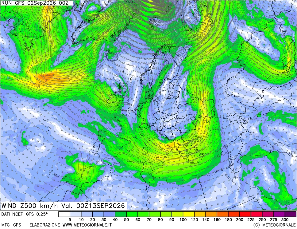 mappa 500 hPa Vento forza e direzione