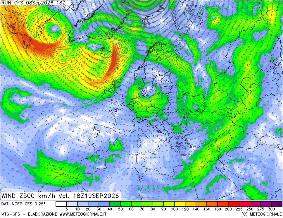 mappa 500 hPa Vento forza e direzione