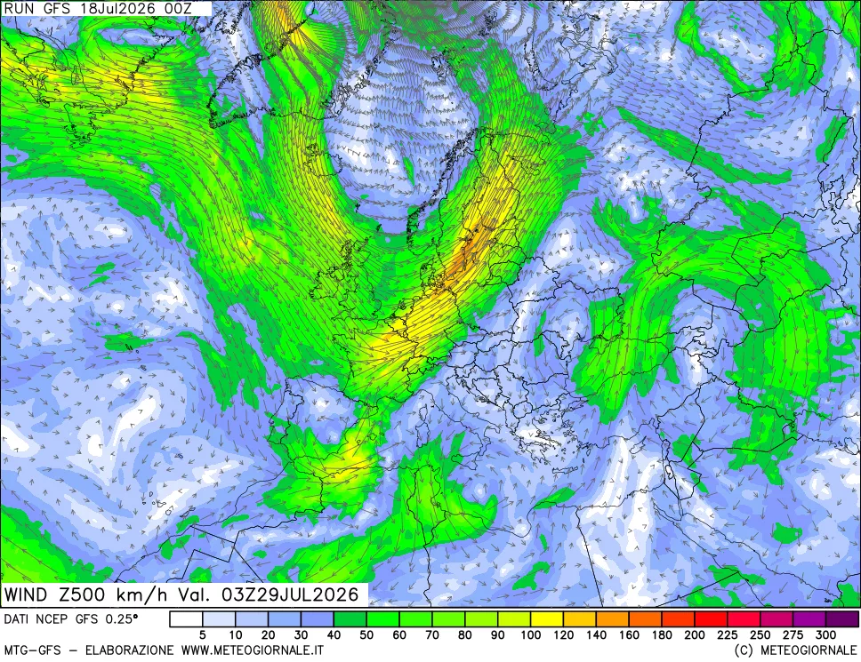 mappa 500 hPa Vento forza e direzione