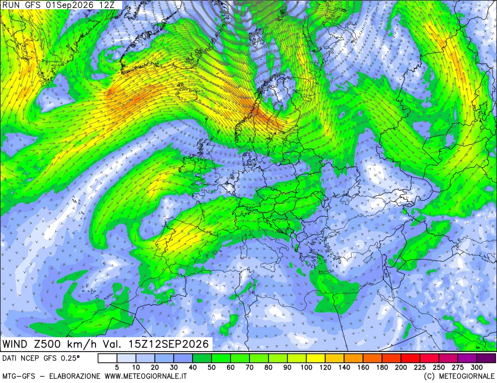 mappa 500 hPa Vento forza e direzione