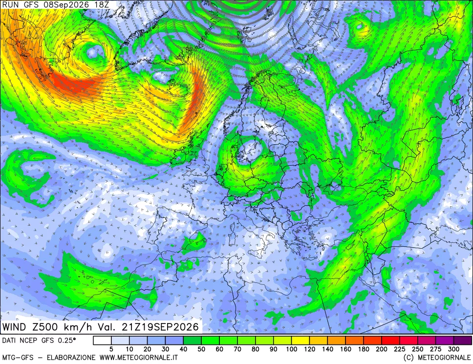 mappa 500 hPa Vento forza e direzione