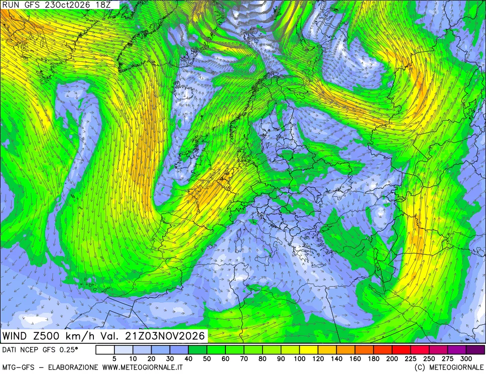 mappa 500 hPa Vento forza e direzione