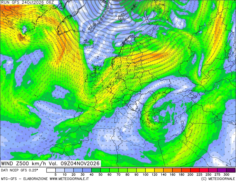 mappa 500 hPa Vento forza e direzione