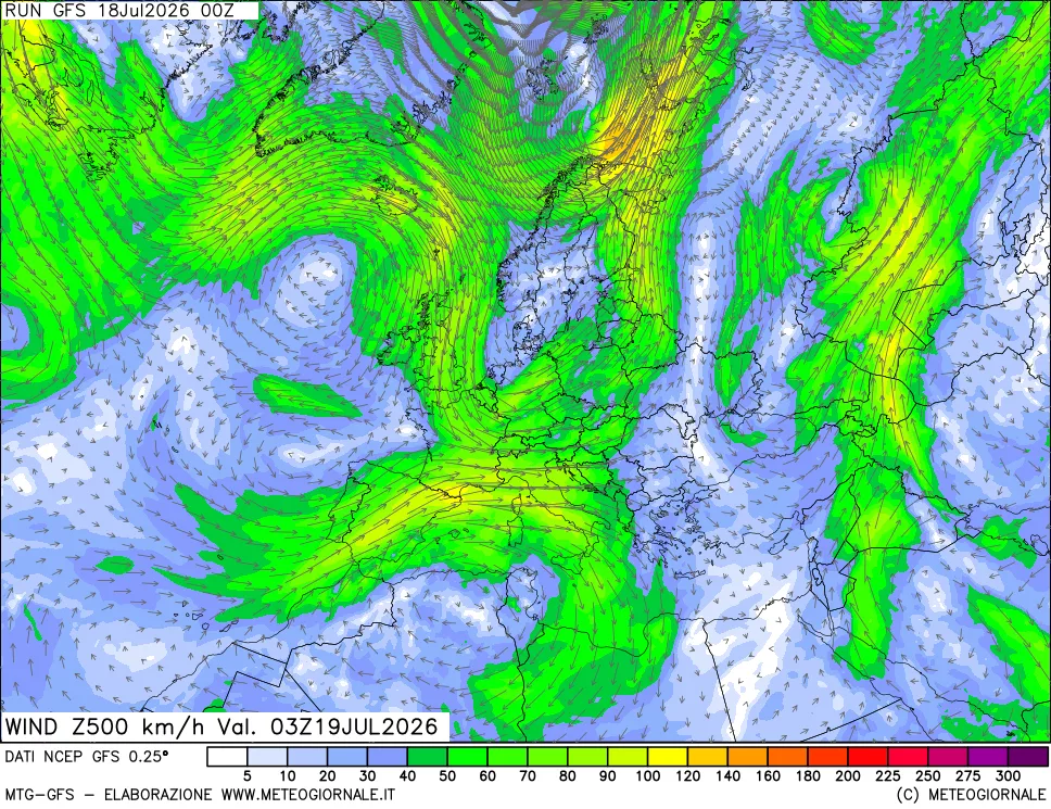 mappa 500 hPa Vento forza e direzione