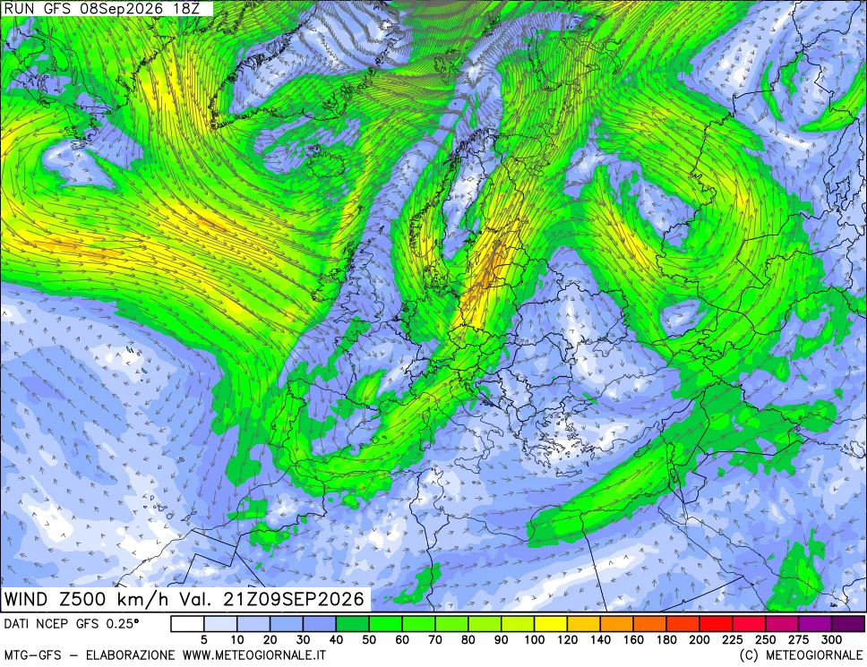 mappa 500 hPa Vento forza e direzione