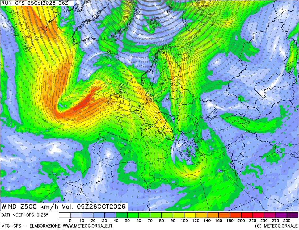 mappa 500 hPa Vento forza e direzione