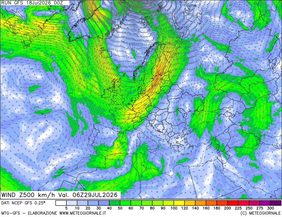 mappa 500 hPa Vento forza e direzione
